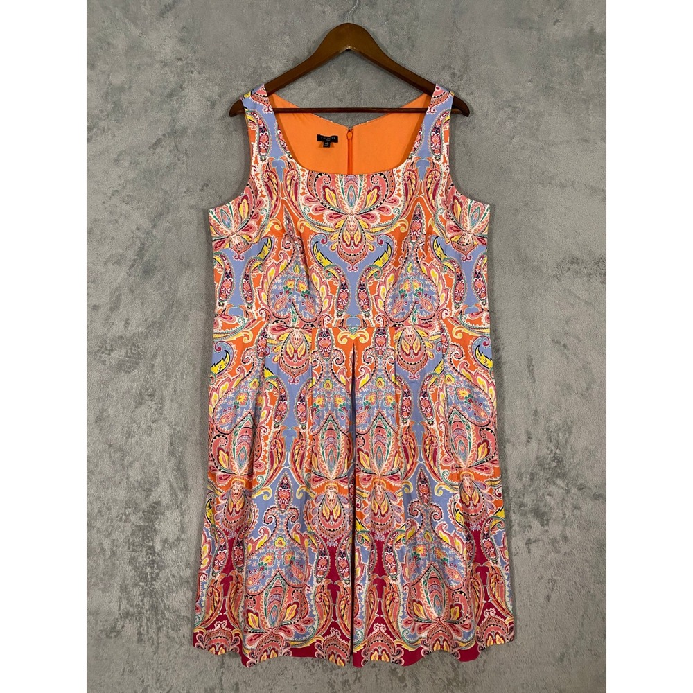 Talbots Dress 14W Orange Multi Paisley Fit & Flare Sleeveless Pockets Colorful